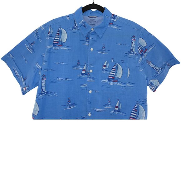 Izod Saltwater Cotton Blue Nautical Short Sleeve Button Up Casual Shirt Sz L - Picture 2 of 7